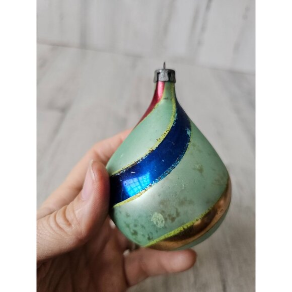 Antique striped green Mercury teardrop ornament glass Xmas tree blue red gold - Picture 2 of 10